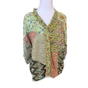 Sacred Threads Patchwork Boho Button Up Blouse Top Womens S Oversized Hippie